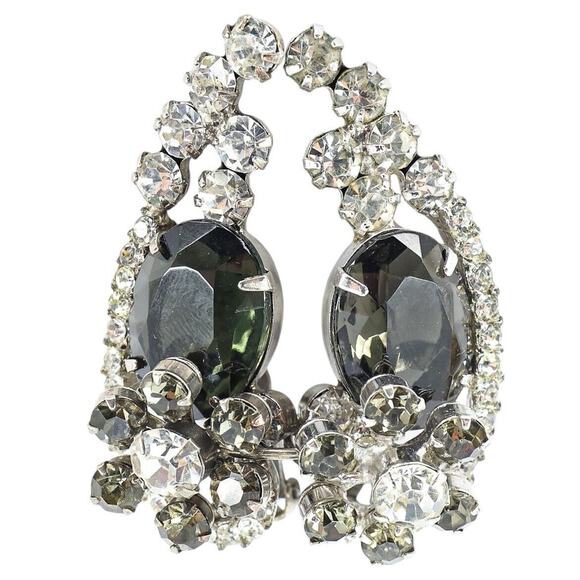 Estate Jewelry - Vintage 60s Statement Smoky Gray Rhinestone Clip On Earrings SilverTone Read